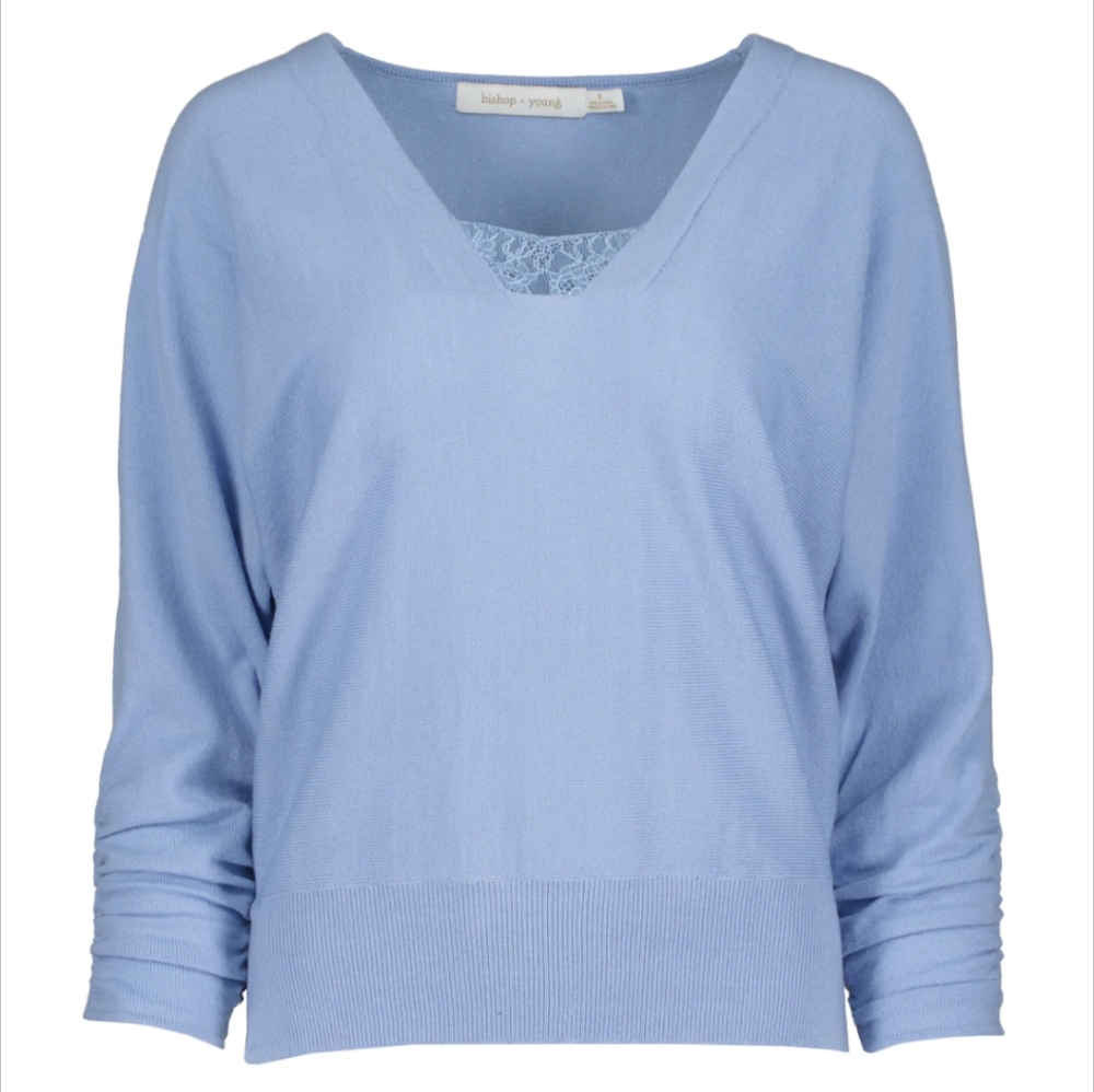 NWT Bishop + Young Womens Lace Insert V-neck Mineral Light Blue Sweater XS-S-M-L